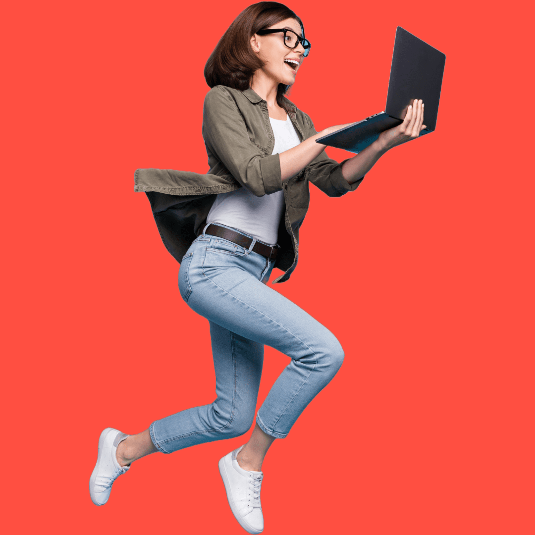 A woman leaping after receiving leads using FormForge form builder